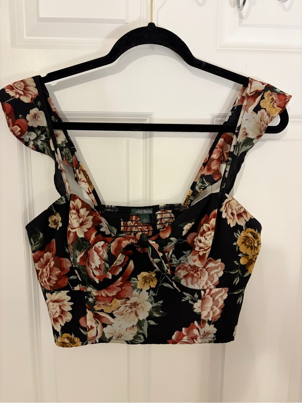 Floral Tie-Front Corset Crop Top - Black with Pink & Mustard Flowers Large